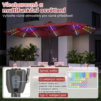 Dvojitý záhradný slnečník so 108 LED diódami NP13666WN, 370 x 200 cm, vínovo červený - B