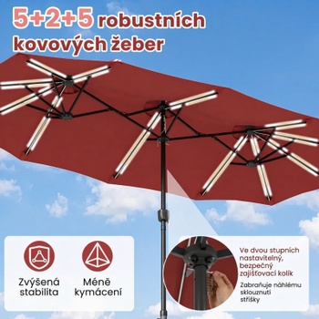 Dvojitý záhradný slnečník so 108 LED diódami NP13666WN, 370 x 200 cm, vínovo červený - B