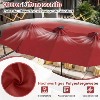 Dvojitý záhradný slnečník so 108 LED diódami NP13666WN, 370 x 200 cm, vínovo červený - B