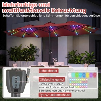 Dvojitý záhradný slnečník so 108 LED diódami NP13666WN, 370 x 200 cm, vínovo červený - B