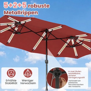 Dvojitý záhradný slnečník so 108 LED diódami NP13666WN, 370 x 200 cm, vínovo červený - B