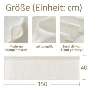 TOPICK Záclony pro kavárny, bistro záclona s lněným vzhledem, 1 kus, V40xŠ150 cm, krémově bílá,