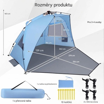 Plážový stan pre 3-4 osoby NP12652, 278 x 140 x 142 cm, modro/sivý - B
