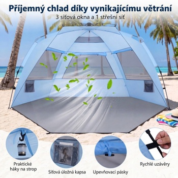 Plážový stan pre 3-4 osoby NP12652, 278 x 140 x 142 cm, modro/sivý - B