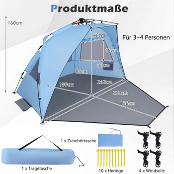 Plážový stan pre 3-4 osoby NP12652, 278 x 140 x 142 cm, modro/sivý - B