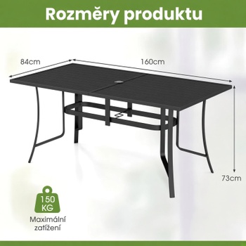 Záhradný stôl s otvorom pre slnečník NP13156DK, 160 x 84 x 73 cm, čierny - B
