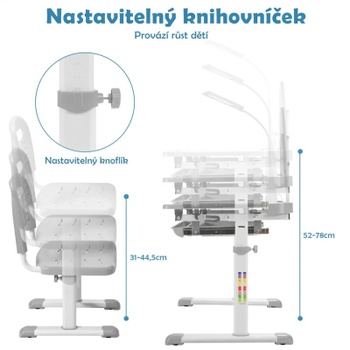 Detský písací stôl so stoličkou HW67622GR, s LED osvetlením, 70,5 x 38 cm, sivá - B