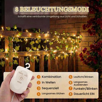 LED reťazové svetlá v tvare listu, girlanda z umelého brečtanu 3M s 30 LED svetlami, na batérie s 8