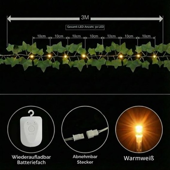 LED reťazové svetlá v tvare listu, girlanda z umelého brečtanu 3M s 30 LED svetlami, na batérie s 8