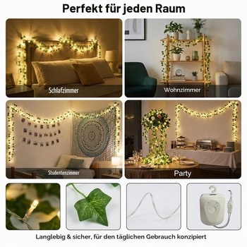 LED reťazové svetlá v tvare listu, girlanda z umelého brečtanu 3M s 30 LED svetlami, na batérie s 8
