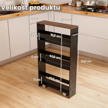 Kuchyňský vozík JV11161HS, 47,5 x 13 x 80,5 cm, černo/hnědá - B