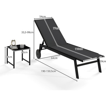 Záhradné lehátko s kolieskami a odkladacím stolíkom, 190 cm, nosnosť do 150 kg, šedé - B