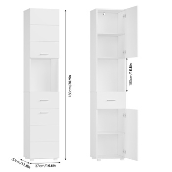Úzka kúpeľňová skrinka s tlmeným dovieraním FMD-114, výška 180 cm, biela - B