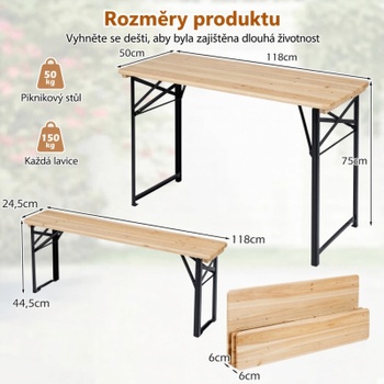 Skládací pivní set NP13167DK, stůl a 2 lavice, 118 cm, přírodní - B