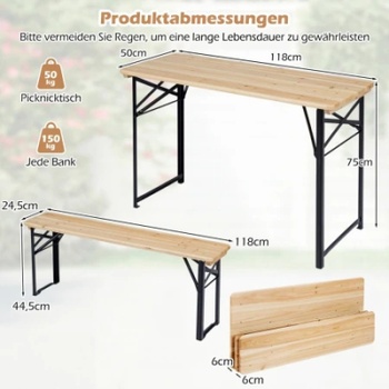 Skladací pivný set NP13167DK, stôl a 2 lavice, 118 cm, prírodný - B