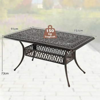 Záhradný stôl z liateho hliníka NP12744WN, otvor pre slnečník, 151 x 91 x 73 cm, bronzový - B