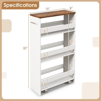 4patrový kuchyňský úložný vozík na kolečkách Slim Rolling Storage Cart 4, bílý - B