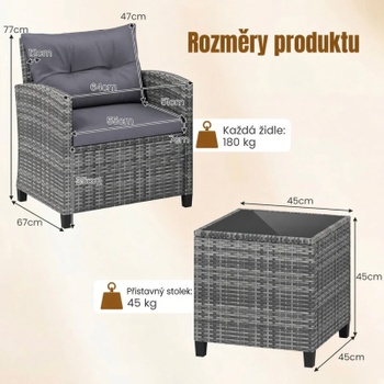 Ratanová zahradní sestava HW75368GR, 2 křesla a stolek, šedá - B