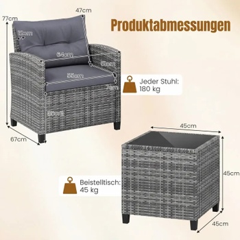 Ratanová záhradná zostava HW75368GR, 2 kreslá a stolík, šedá - B