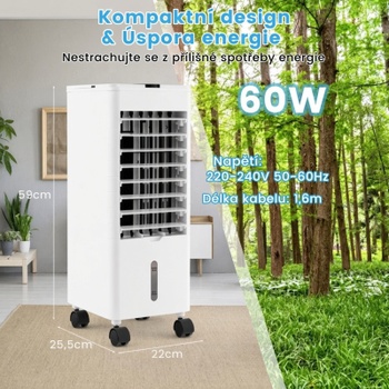 Chladič vzduchu s ventilátorom a zvlhčovačom, 3 funkcie, 12-hodinový časovač, 59 x 22 x 25,5 cm, sivý
