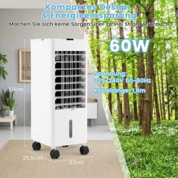 Chladič vzduchu s ventilátorom a zvlhčovačom, 3 funkcie, 12-hodinový časovač, 59 x 22 x 25,5 cm, sivý