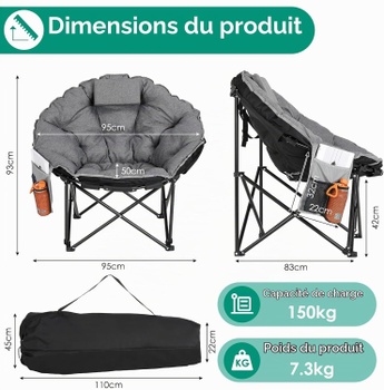 Skladacia kempovacia stolička JM-HKC-1016XL, 95 x 83 x 93 cm, 150 kg, šedá - A