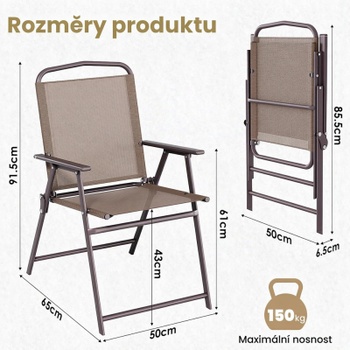 Skladacia záhradná stolička, sada 4 kusov, nosnosť 150 kg, 50 x 65 x 91,5 cm, hnedé - B