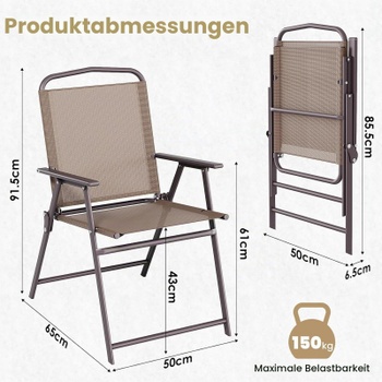 Skladacia záhradná stolička, sada 4 kusov, nosnosť 150 kg, 50 x 65 x 91,5 cm, hnedé - B