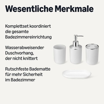 Súprava kúpeľňových doplnkov Amazon Basics: Sprchový záves s háčikmi, kúpeľňová predložka z pamäťovej