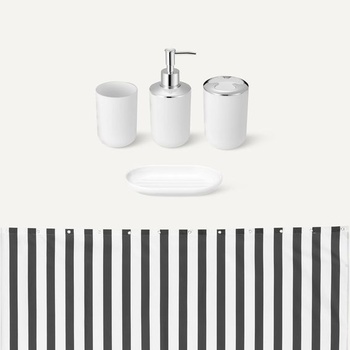 Sada koupelnových doplňků Amazon Basics: Sprchový závěs s háčky, koupelnová předložka z paměťové