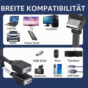 USB rozbočovací kábel, 1 vstup 2 výstupy, 90stupňový USB 2.0 A samec na duálne samice, uhlový