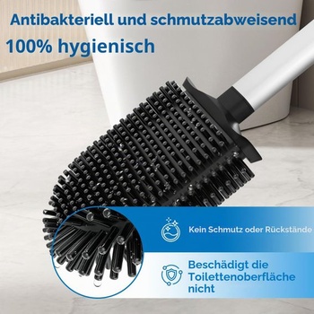 Silikonový toaletní kartáč s rukojetí a držákem z nerezové oceli, bílý