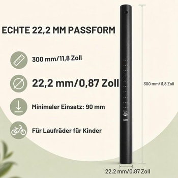 Hliníková sedlovka s priemerom 22 mm, určená pre pohodlie na detských odrážadlách, čierna.