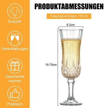 Sada 6 pohárov na šampanské MYKAGS s objemom 162 ml, vintage štýl, opakovane použiteľné priehľadné