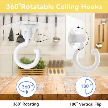 Samolepiace háčiky, 6 kusov, stropné háčiky otočné o 360 °, priehľadné háčiky, 6 stropných hákov otočných o