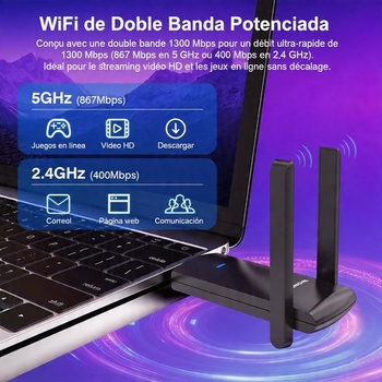 AC1300Mbps USB WiFi adaptér pre PC, WLAN prijímač, USB, externá WLAN anténa, nastaviteľná,