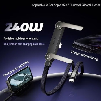 Nabíjací kábel 240 W USB-C so skladacím stojanom na telefón, 1,5m rýchlonabíjací kábel 2 v 1,