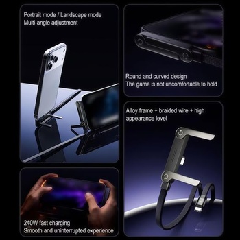 Nabíjací kábel 240 W USB-C so skladacím stojanom na telefón, 1,5m rýchlonabíjací kábel 2 v 1,