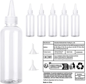 Sada 12 lahví s dávkovacím systémem o objemu 100 ml, plastové lahvičky s trychtýřem a etiketami –