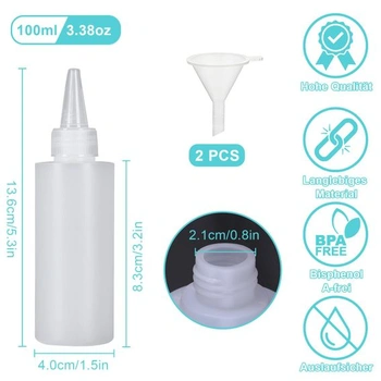 Sada 12 lahví s dávkovacím systémem o objemu 100 ml, plastové lahvičky s trychtýřem a etiketami –
