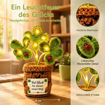 Sunwuun Lucky Charm Pletená čtyřlistá rostlina, čtyřlistá rostlina v květináči s LED, hodně štěstí,