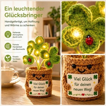 Sunwuun Lucky Charm Pletená čtyřlistá rostlina, čtyřlistá rostlina v květináči s LED, hodně štěstí,
