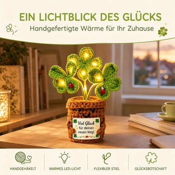 Sunwuun Lucky Charm Pletená čtyřlistá rostlina, čtyřlistá rostlina v květináči s LED, hodně štěstí,