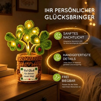 Sunwuun Lucky Charm Pletená čtyřlistá rostlina, čtyřlistá rostlina v květináči s LED, hodně štěstí,