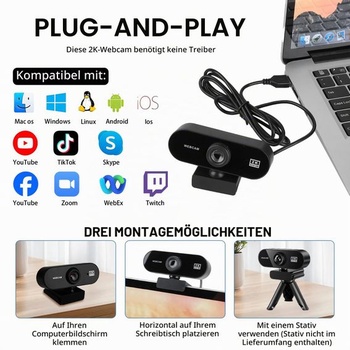 Webová kamera 2K 30 FPS, webová kamera s mikrofónom Full HD 1080P PC kamera