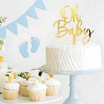 7dielna dekorácia na tortu Oh Baby Gold Stopy Akrylové ozdoby na torty Dekorácia na torty pre plienkový