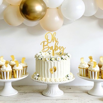 7dielna dekorácia na tortu Oh Baby Gold Stopy Akrylové ozdoby na torty Dekorácia na torty pre plienkový