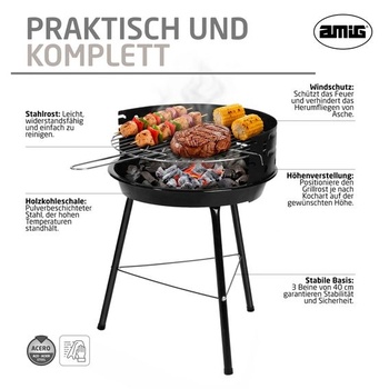Amig - Gril na drevené uhlie - 33 x 35 x 56 cm - Čierny - Vyrobené z ocele - Záhrada a terasa - Pre
