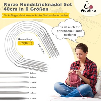 Sada 6 kruhových pletacích jehlic Aeelike z nerezové oceli, 40 cm, ergonomické pletací jehlice,