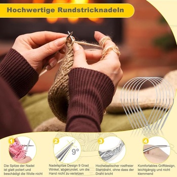 Sada 6 kruhových pletacích jehlic Aeelike z nerezové oceli, 40 cm, ergonomické pletací jehlice,